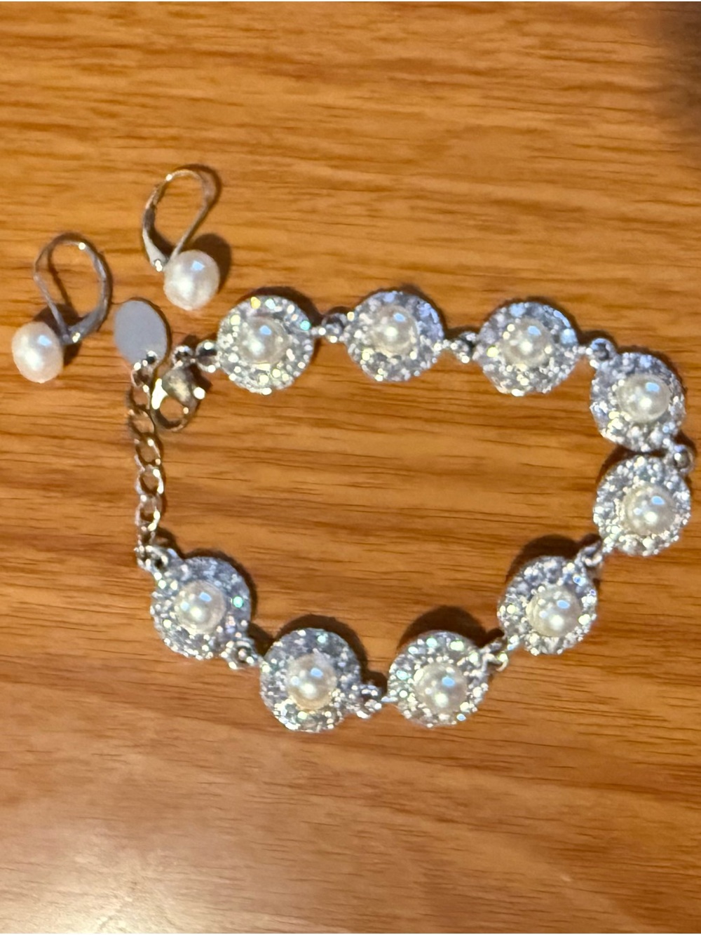 Pearl and Crystal Silver-Tone Bracelet with Matching Earrings